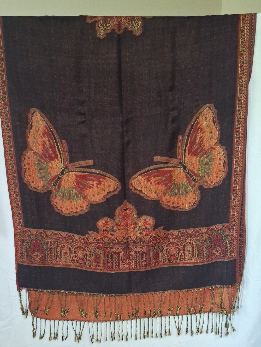 Vintage Reversible Paisley Pashmina Shawl Wrap Orange Red Olive Green Fringe Sca